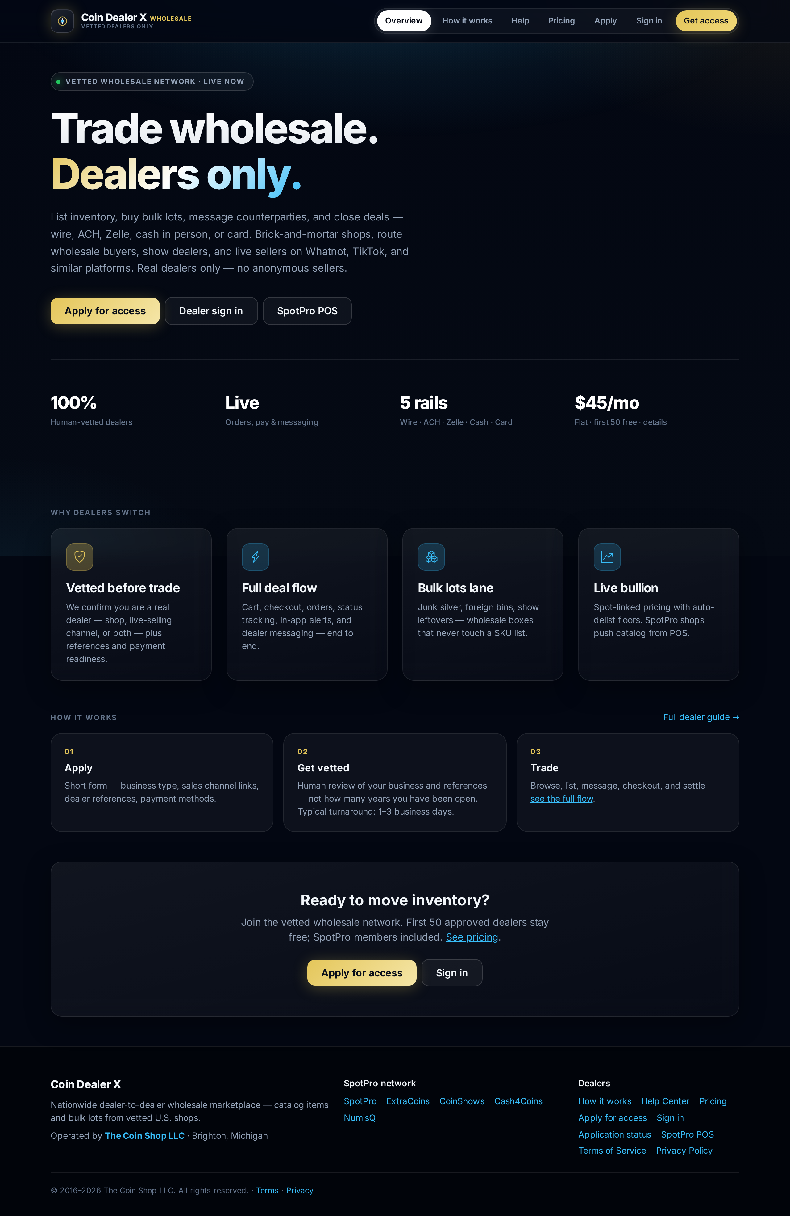 coindealerx.com — dealer-only wholesale marketplace overview.