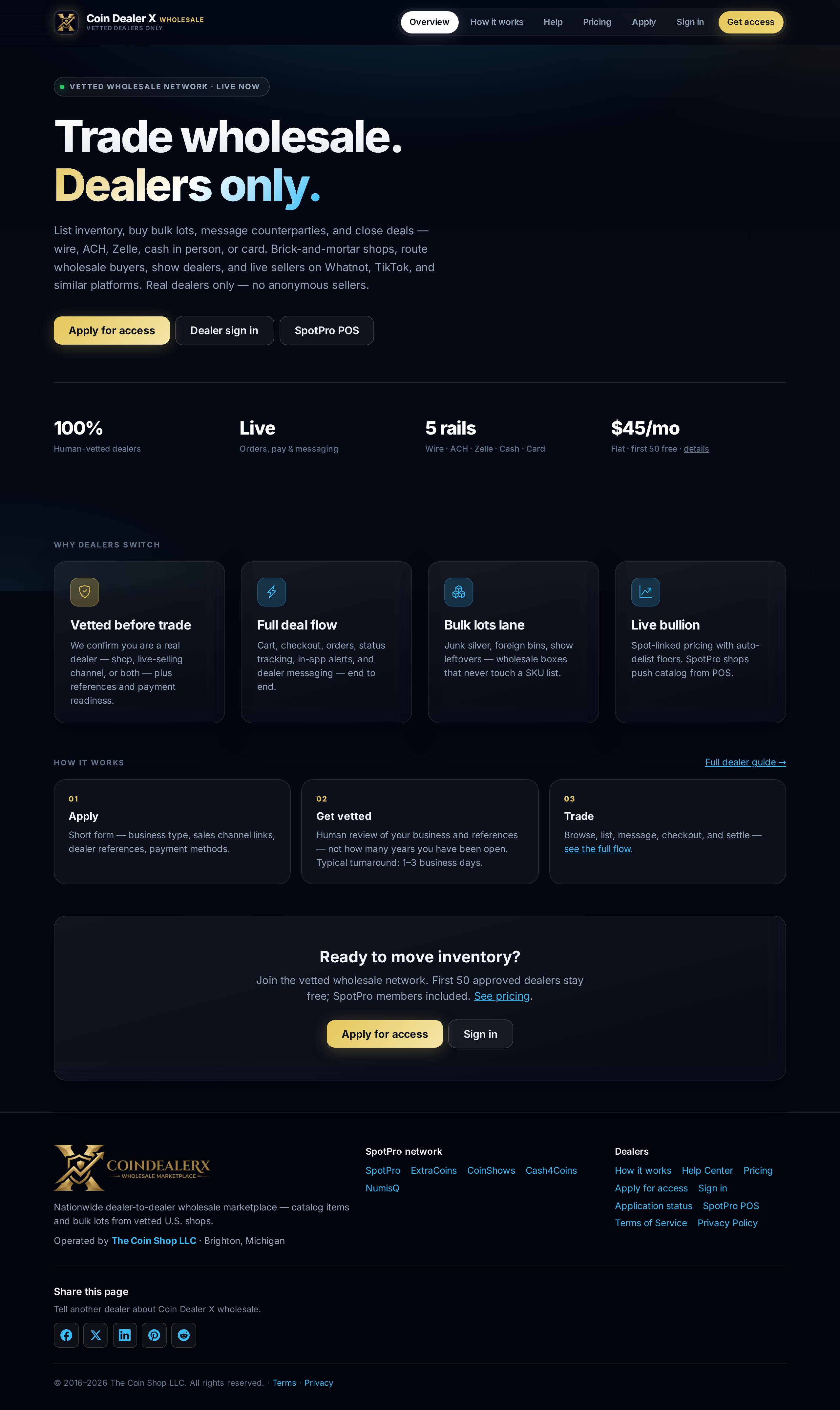 coindealerx.com — dealer-only wholesale marketplace overview.