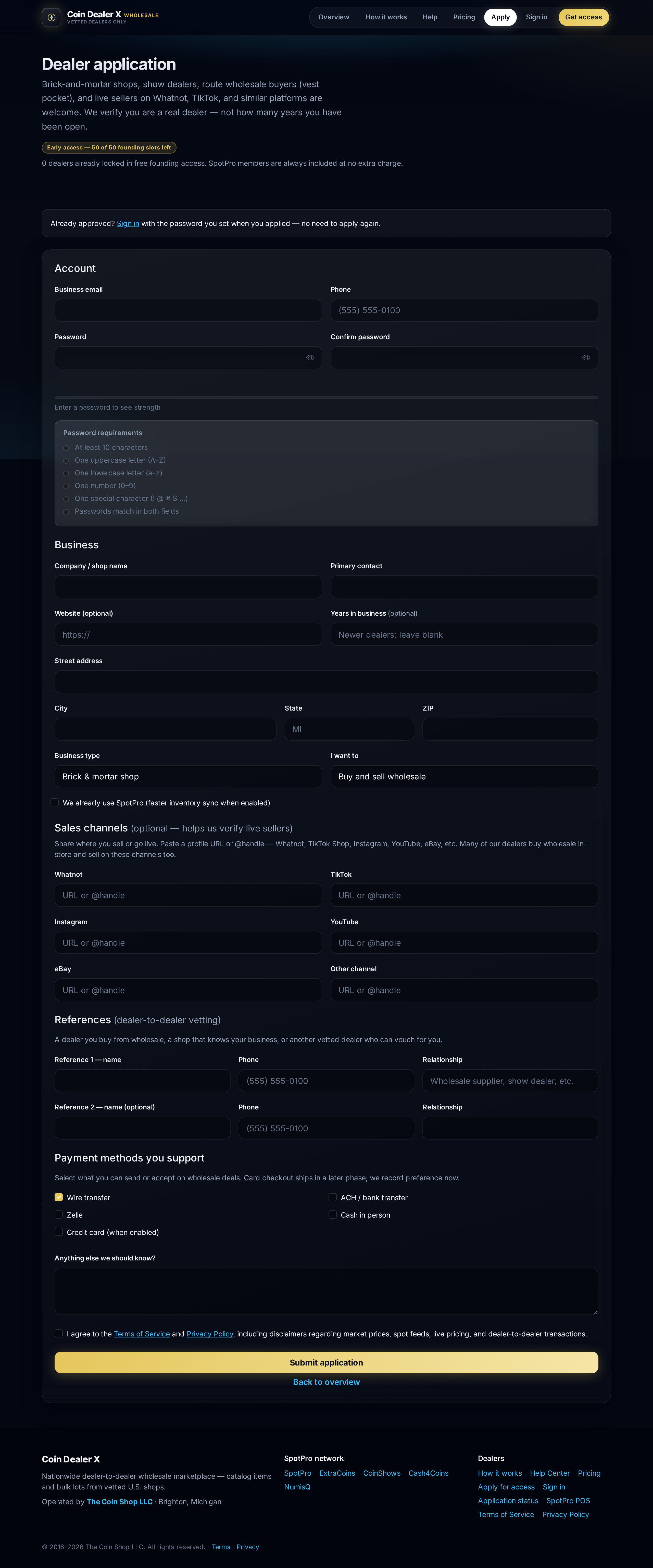 Dealer application — password strength meter and business-type fields.