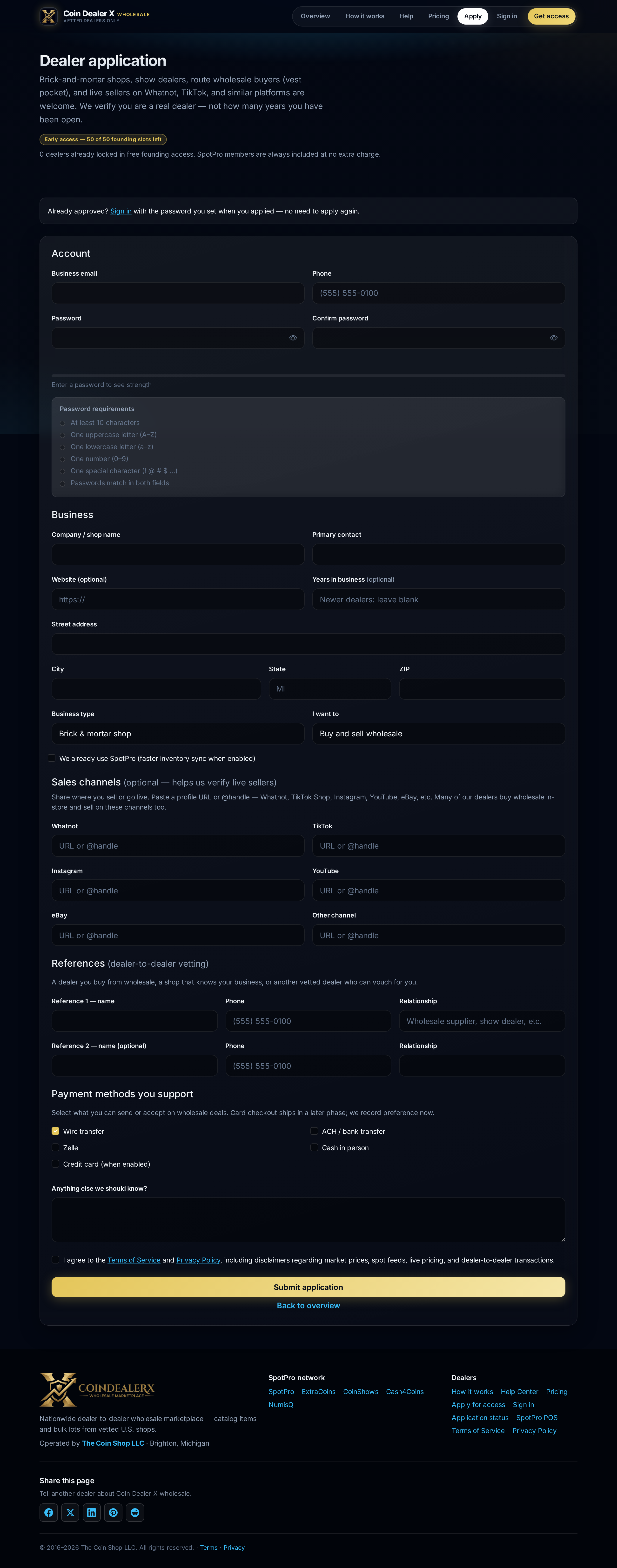 Dealer application — password strength meter and business-type fields.