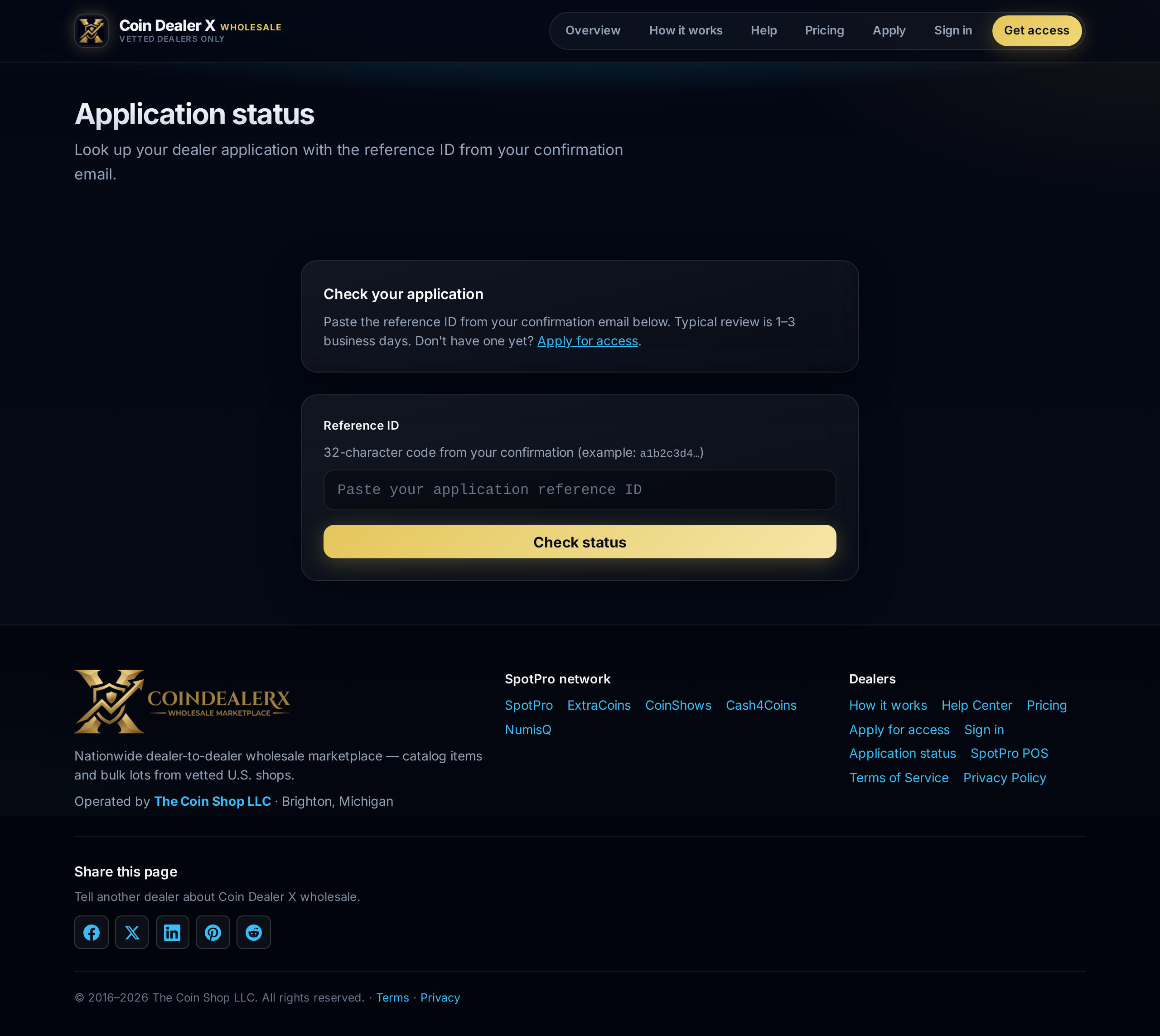 Status lookup — enter the reference ID from your confirmation email.