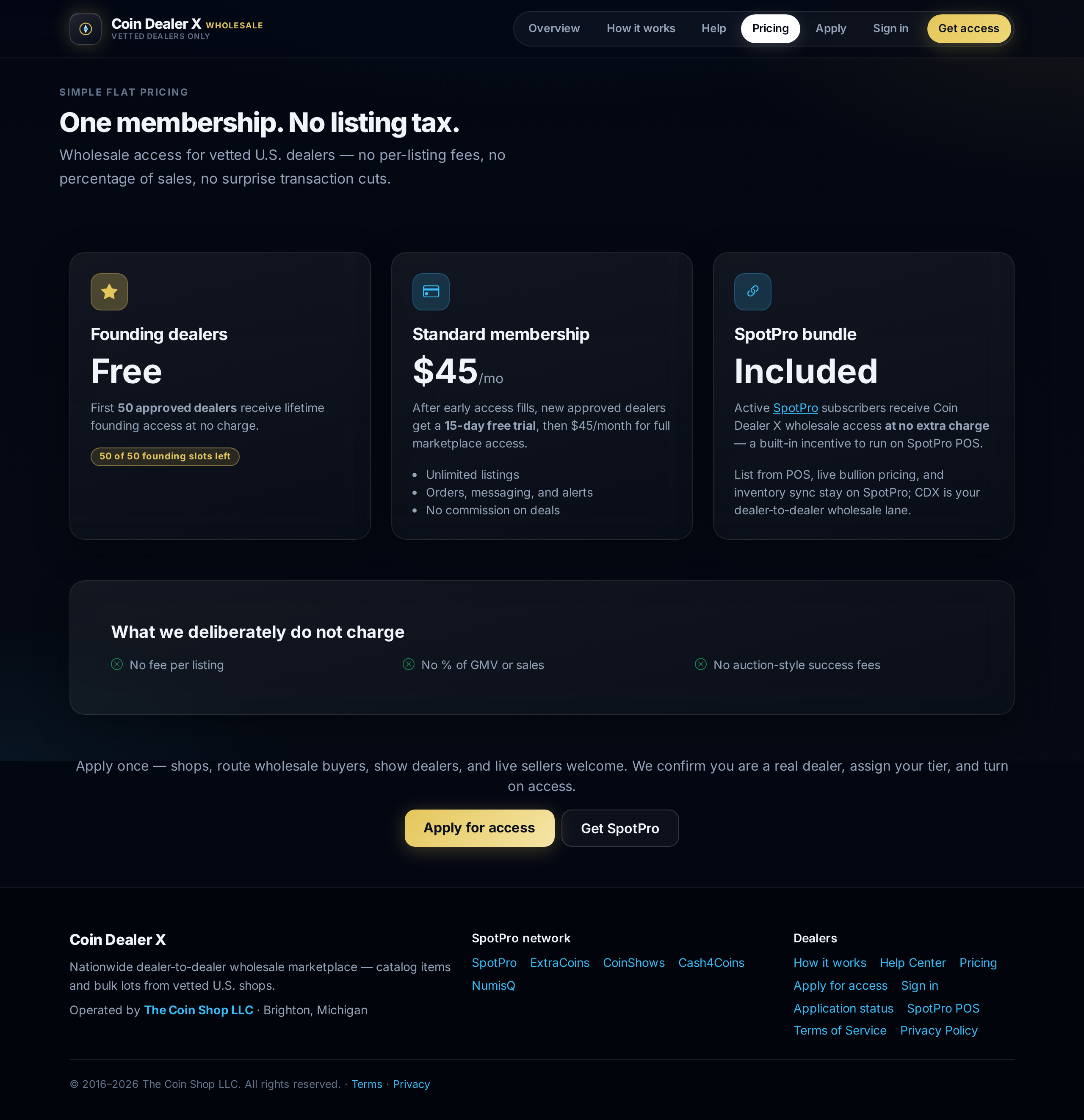 Membership pricing — founding dealers and SpotPro benefit.