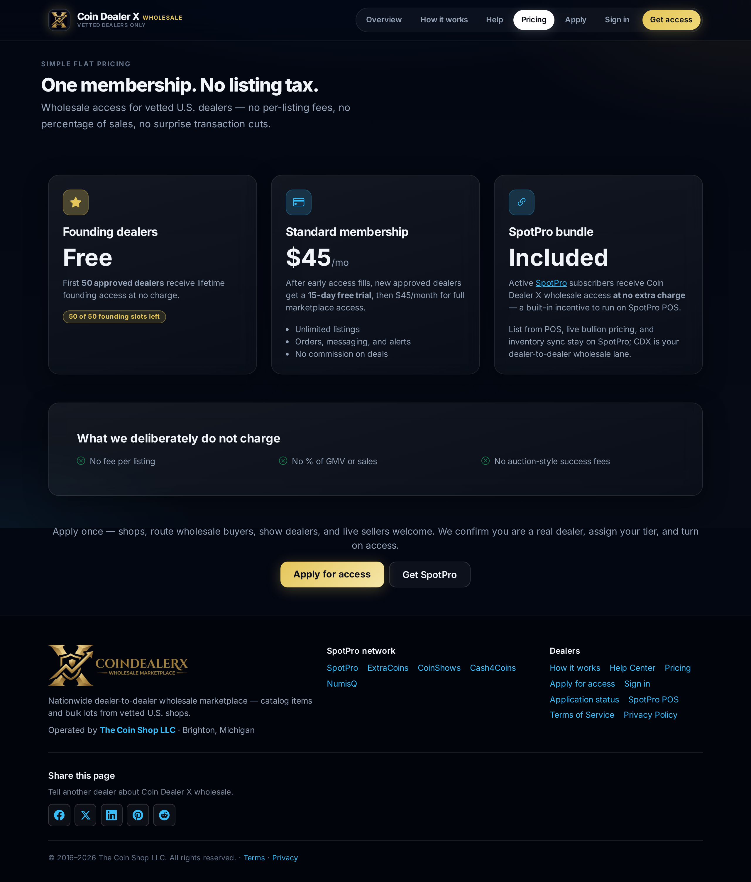 Membership pricing — founding dealers and SpotPro benefit.