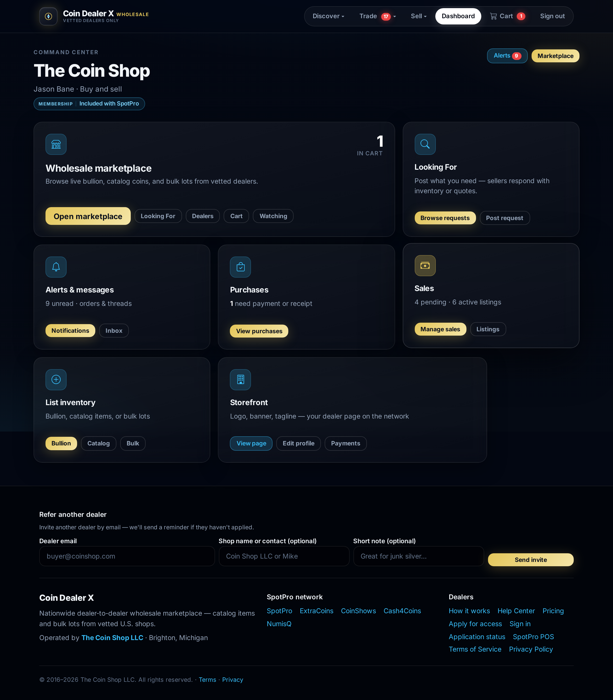 Your dashboard after sign-in — marketplace shortcuts, cart count, purchases, and sales at a glance.