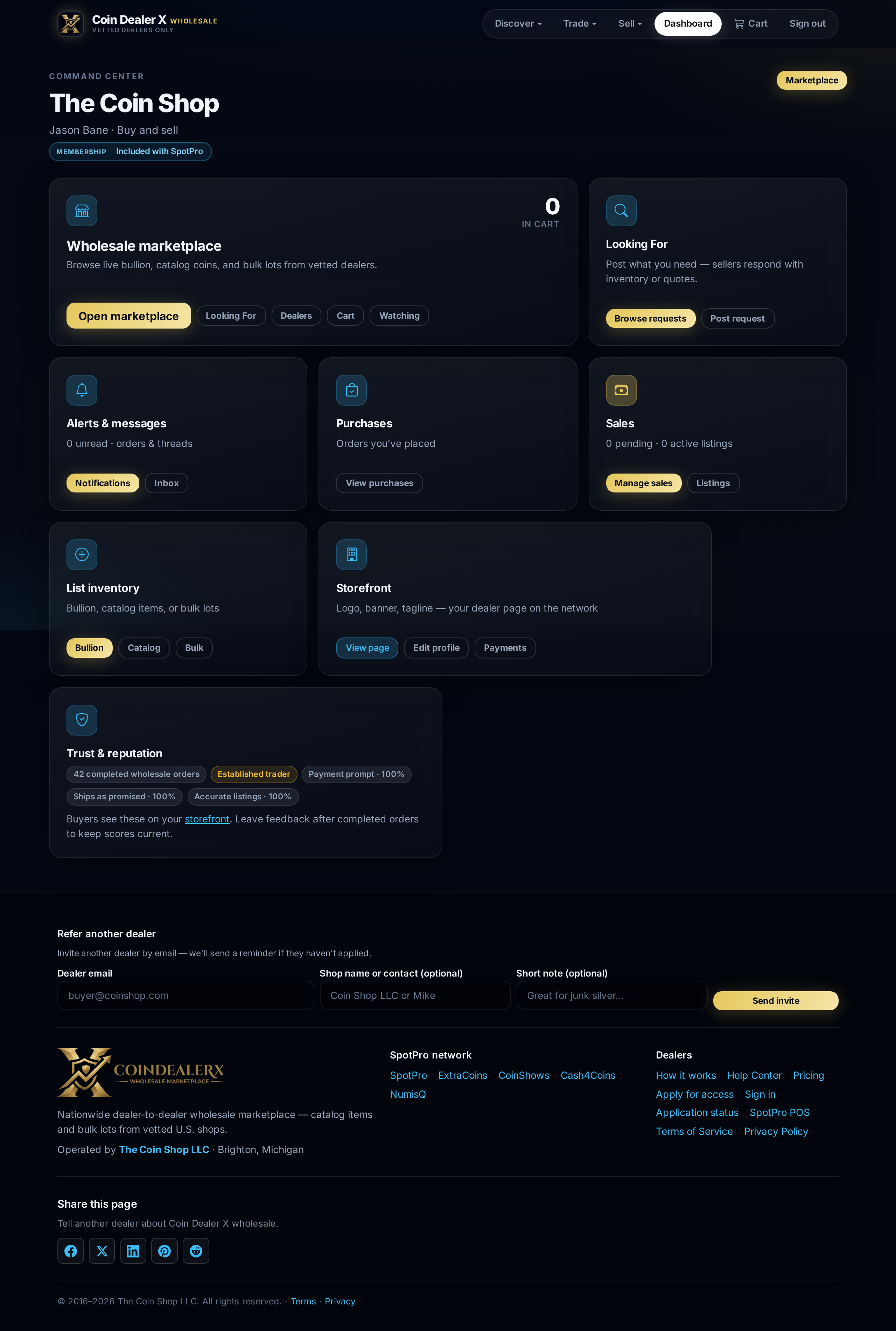 Your dashboard after sign-in — marketplace shortcuts, cart count, purchases, and sales at a glance.