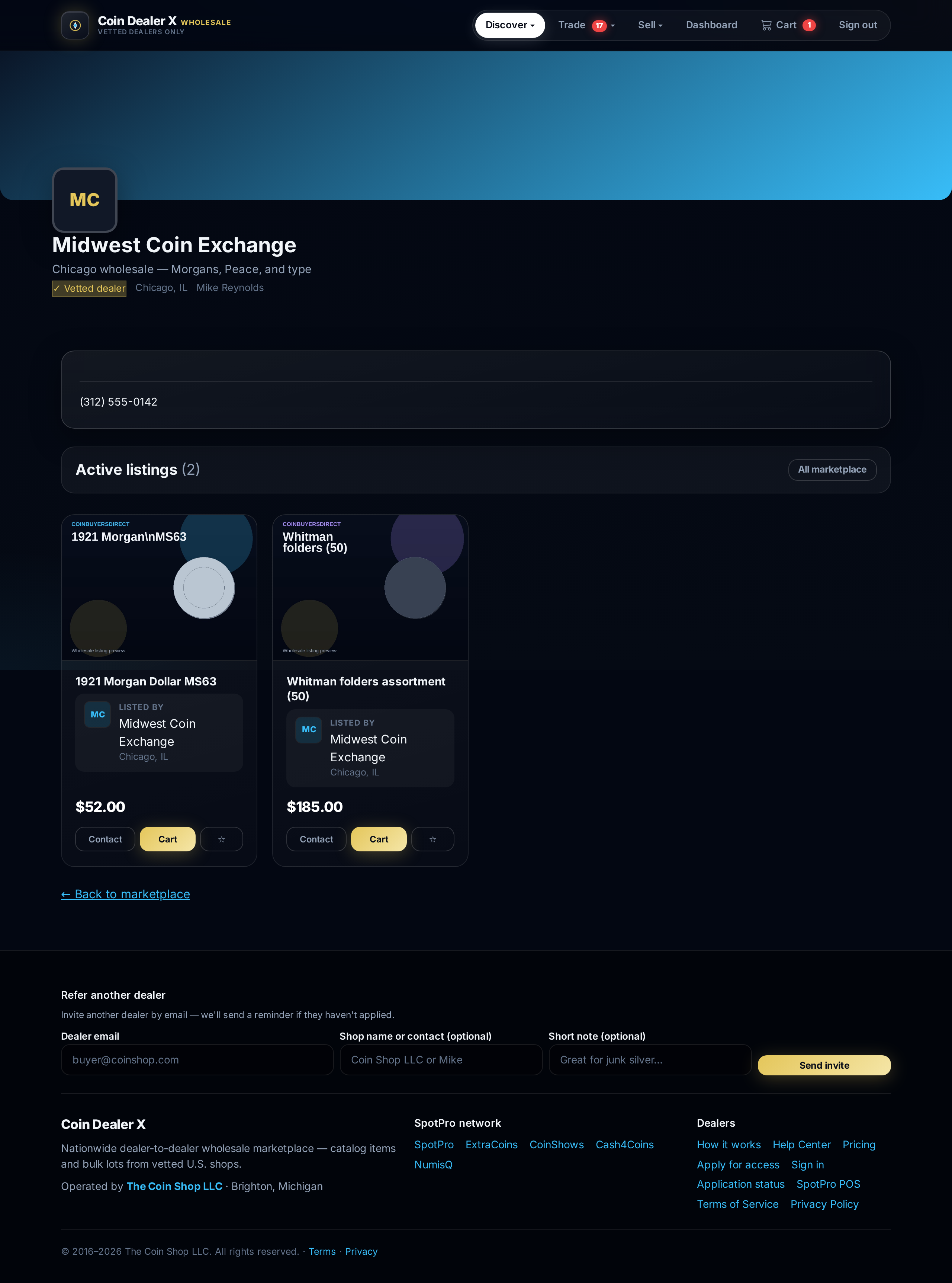 Dealer storefront — Midwest Coin Exchange wholesale profile.