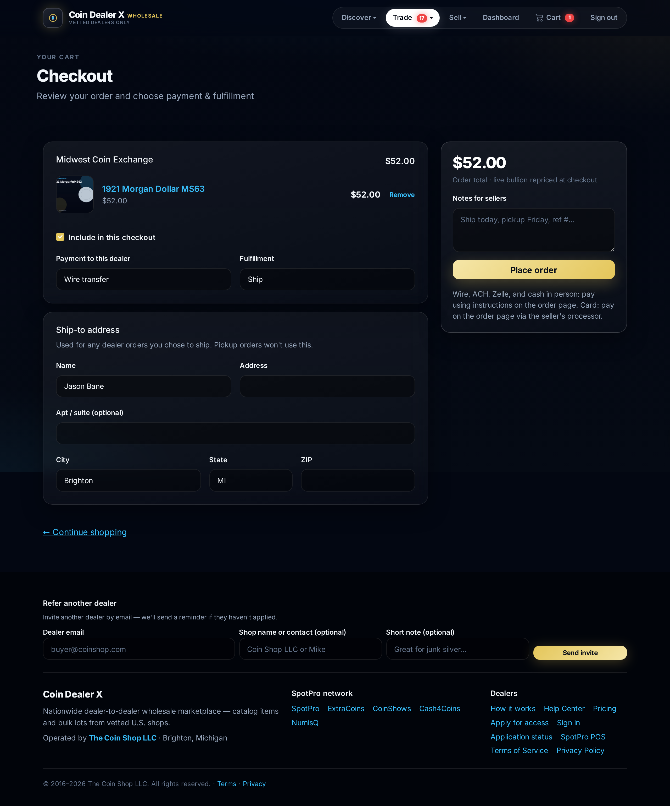 Cart checkout — per-seller payment and fulfillment choices.