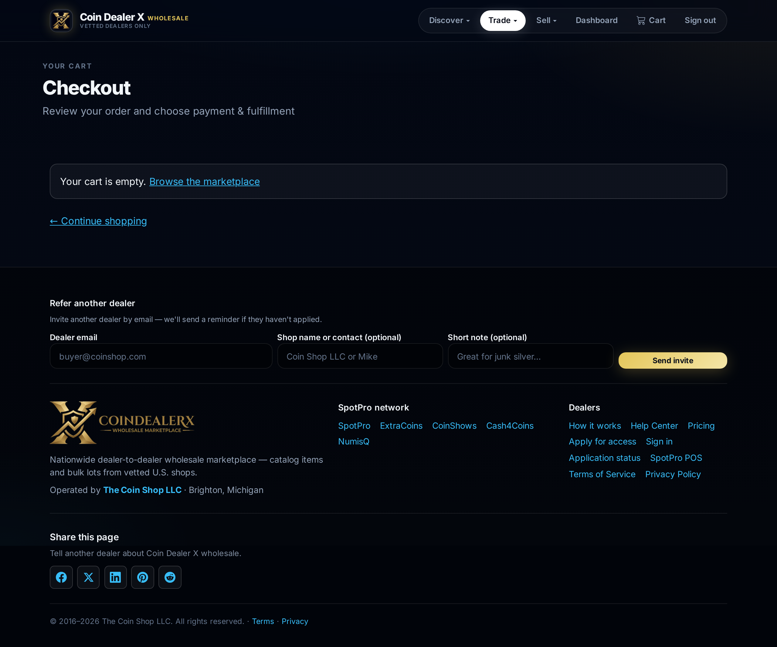 Cart checkout — per-seller payment and fulfillment choices.
