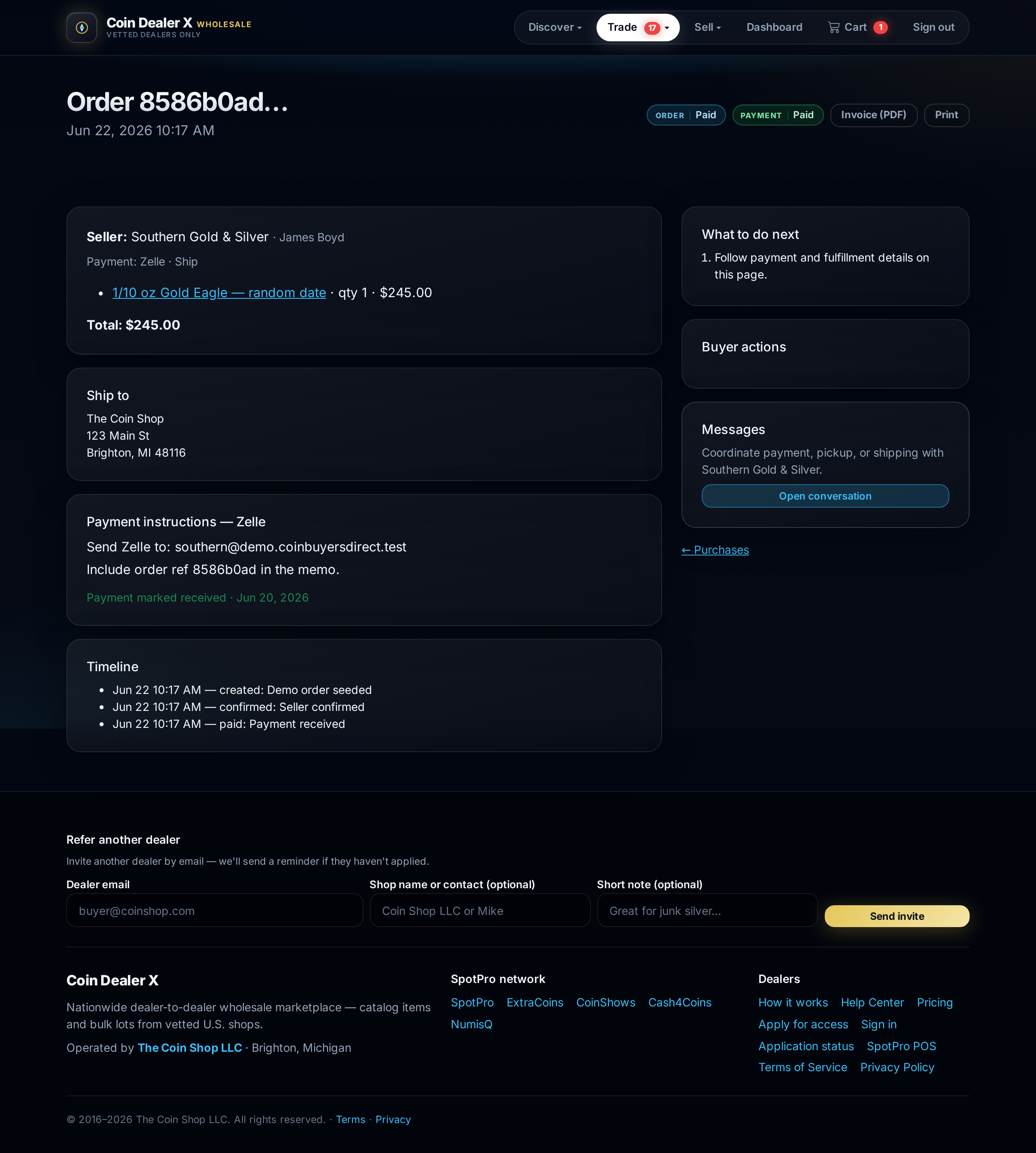 Purchase order (paid) — payment confirmed, awaiting seller ship.