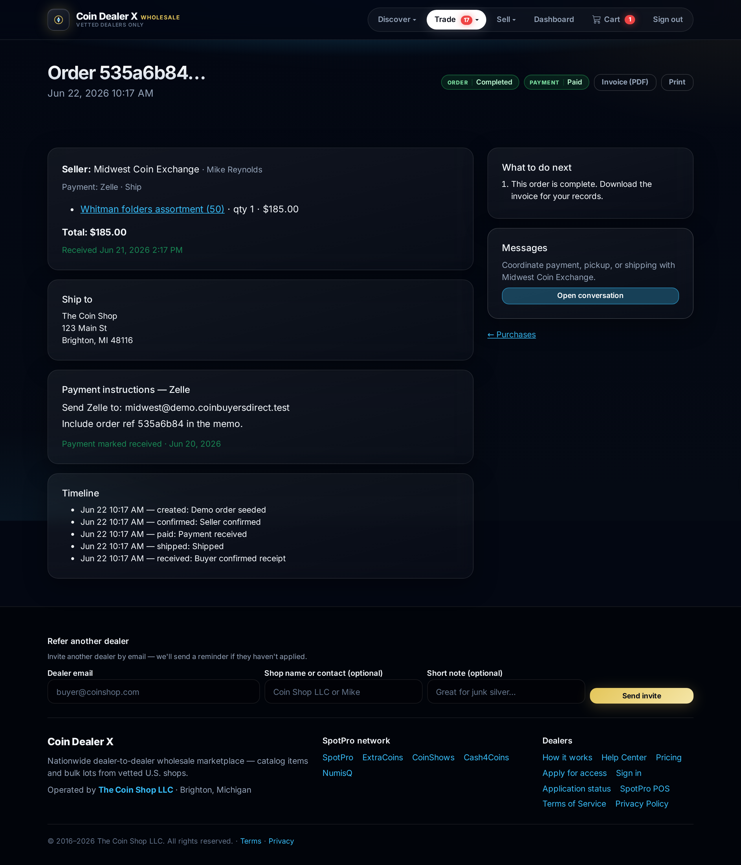 Completed purchase — deal closed after receipt confirmed.