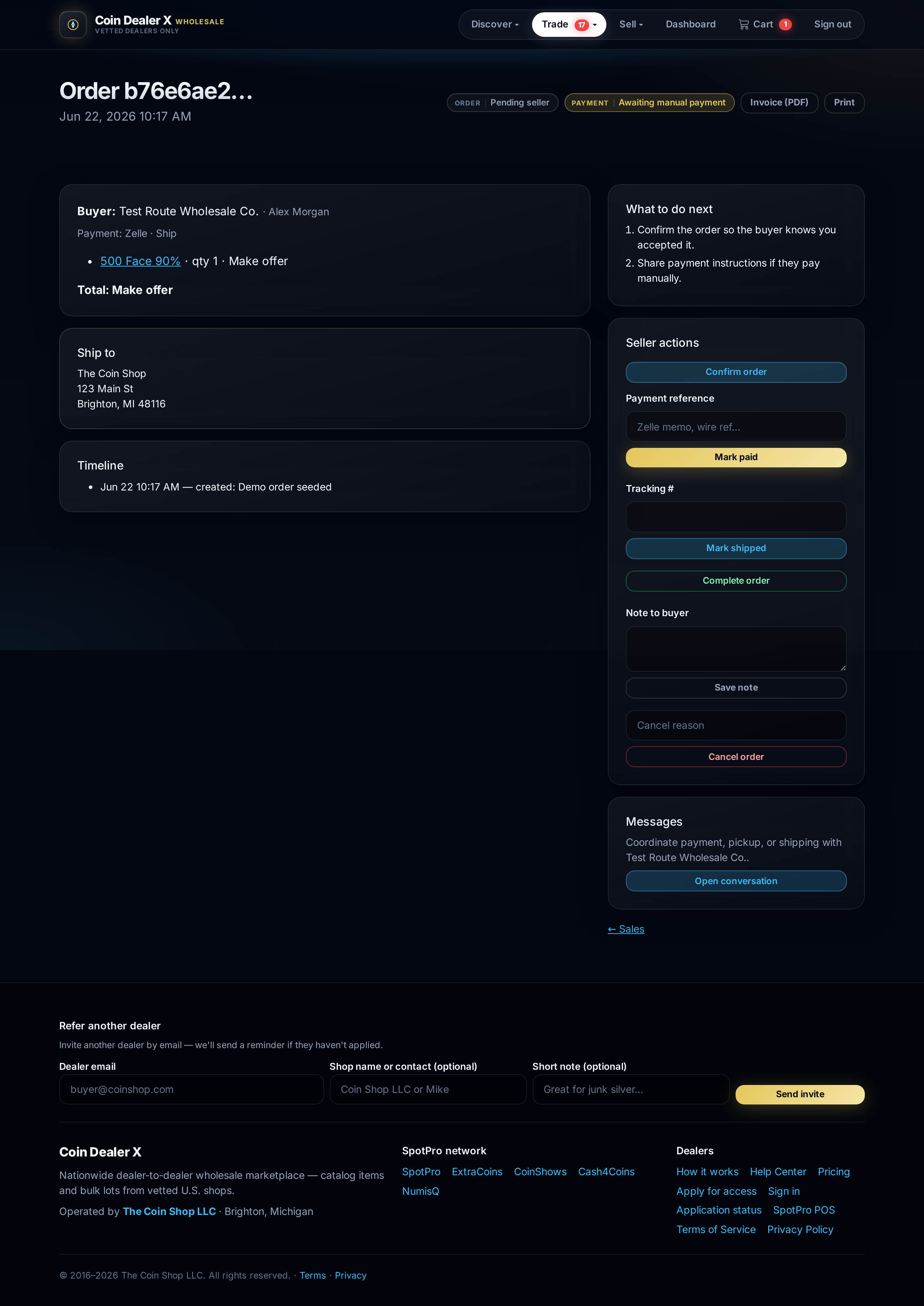 Seller order management — confirm, mark paid, ship, or message buyer.