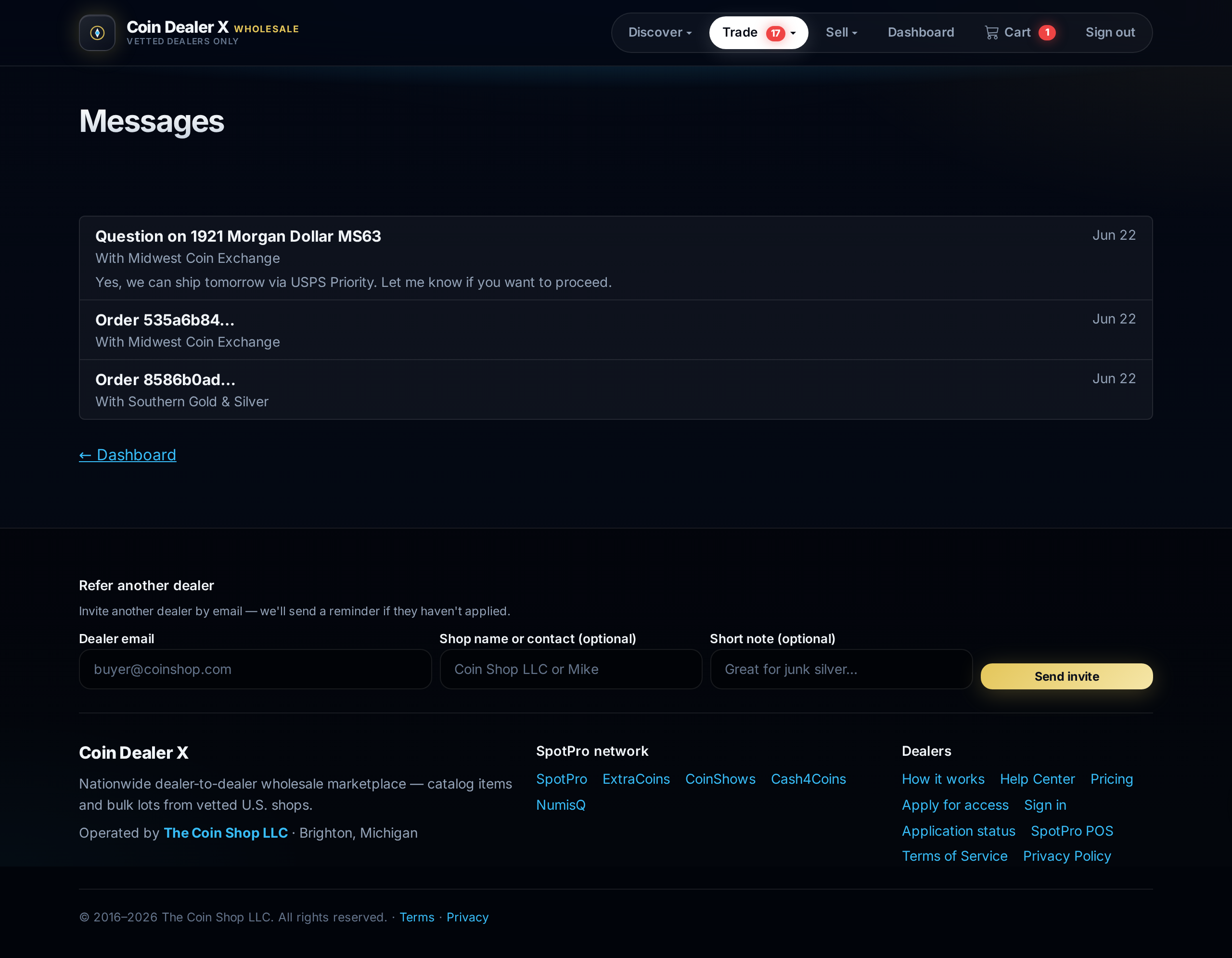 Messages — listing inquiries and order conversations.