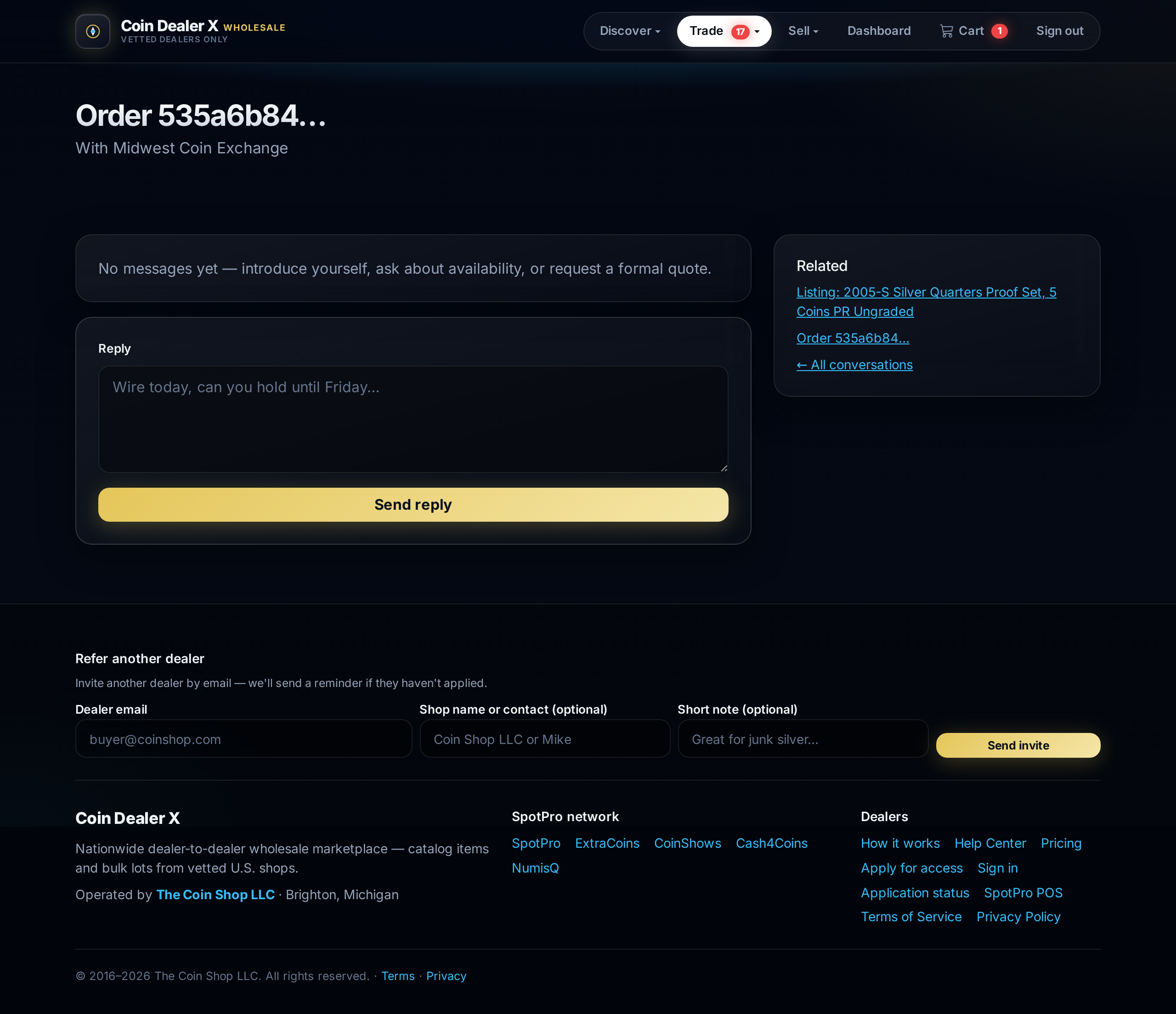 Thread — buyer and seller coordinating payment on an open order.