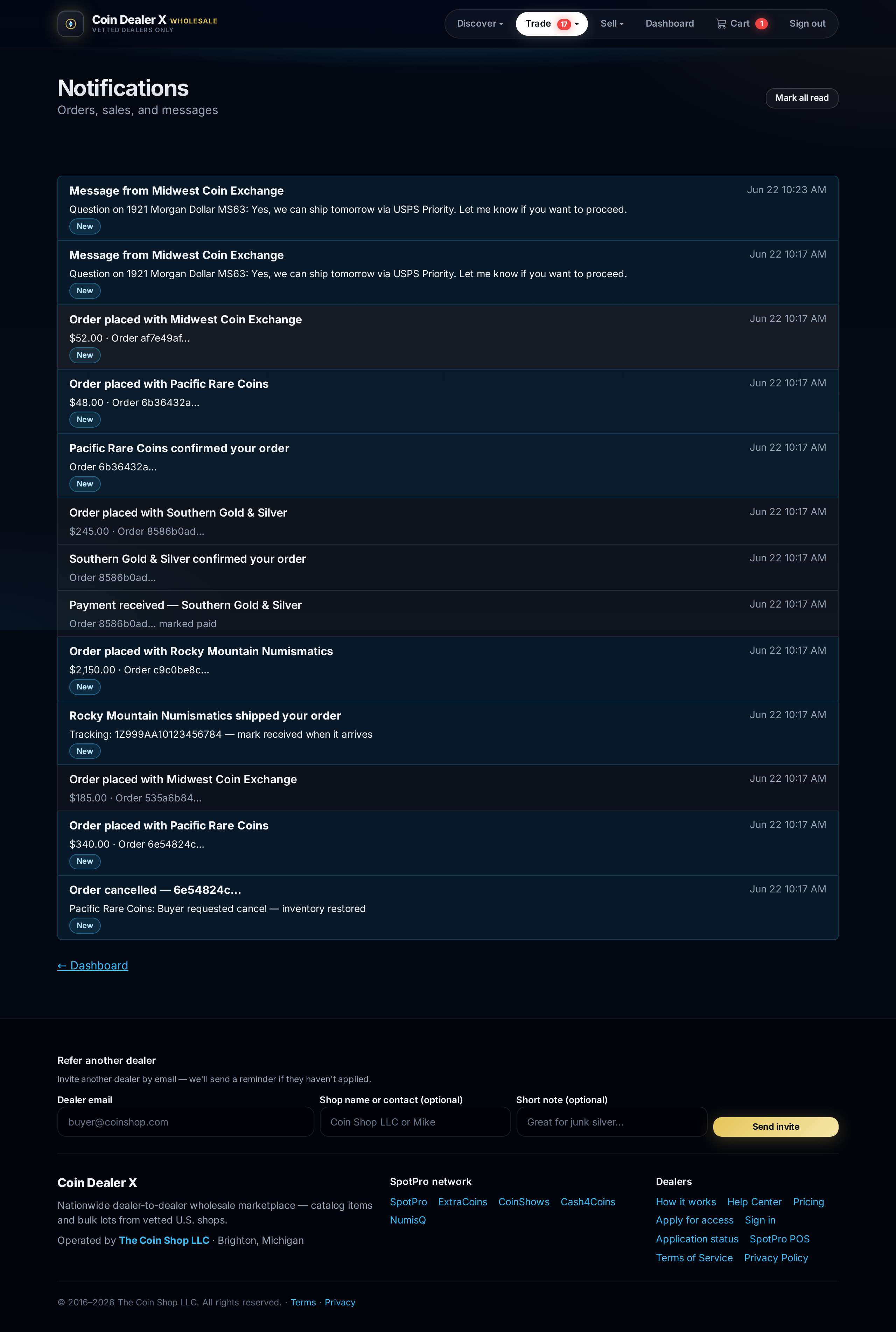 Alerts feed — orders, messages, and account activity.