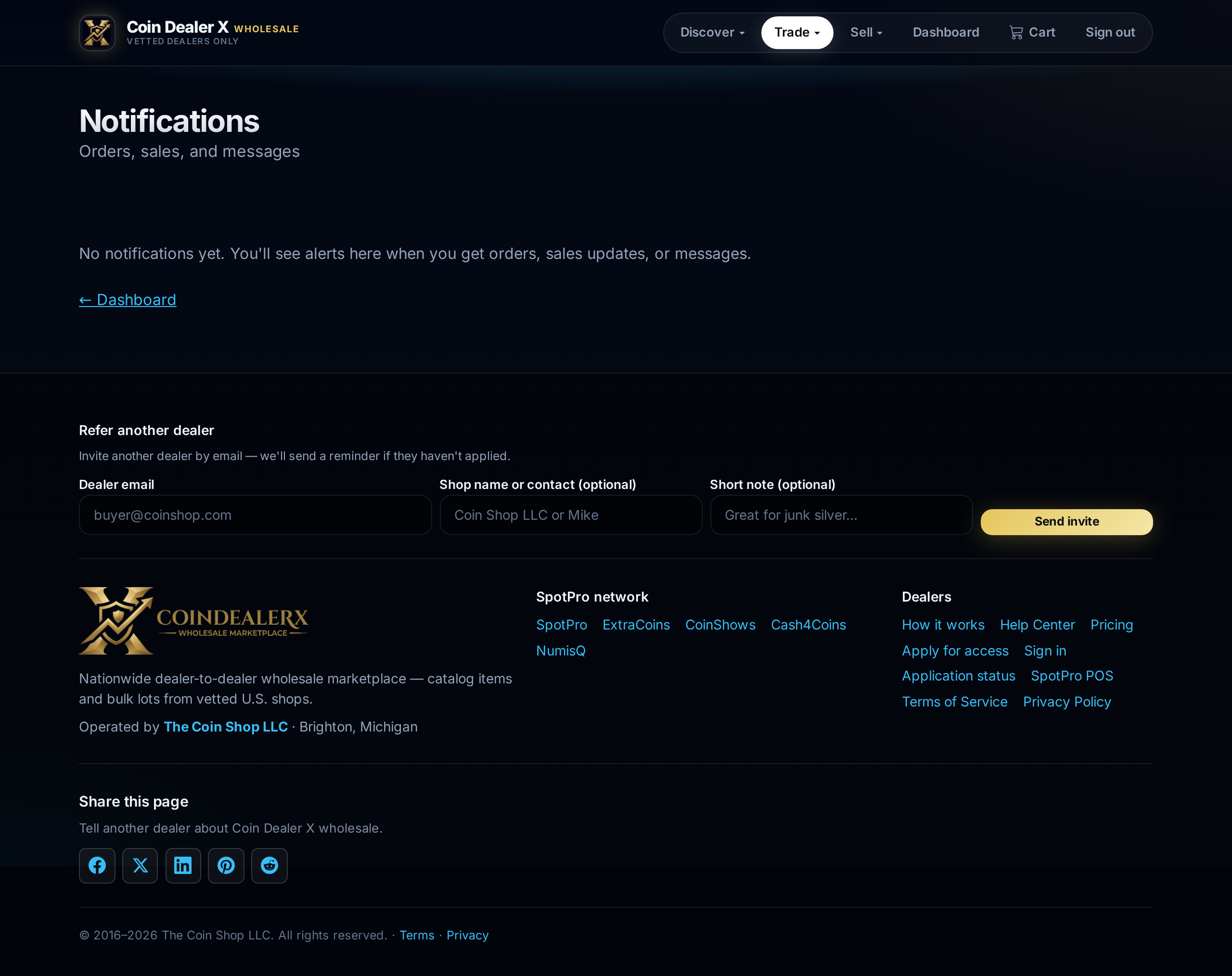 Alerts feed — orders, messages, and account activity.