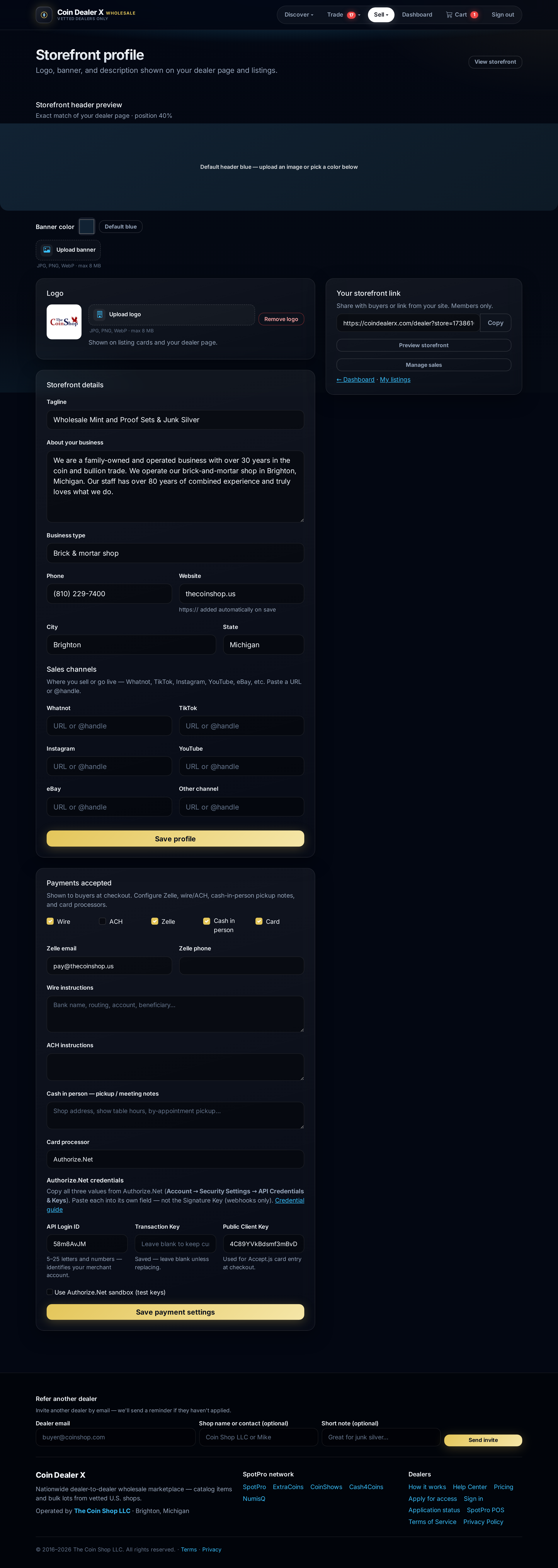 Profile — storefront branding and payment processor keys.