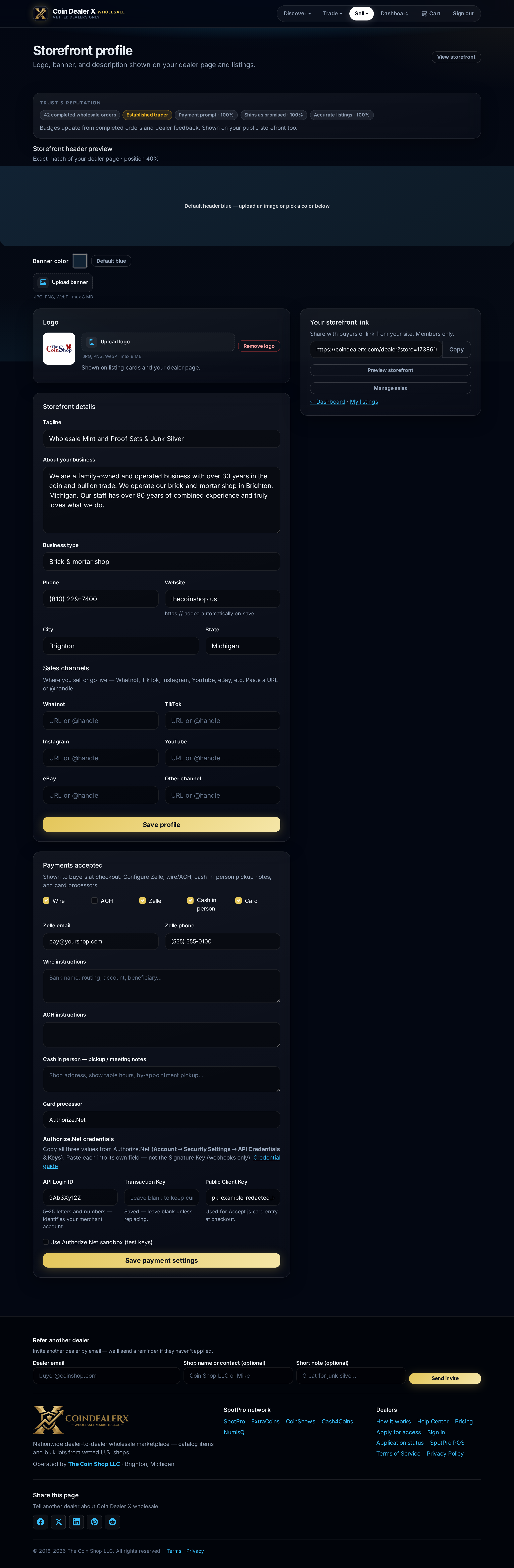Profile — storefront branding and payment processor keys.
