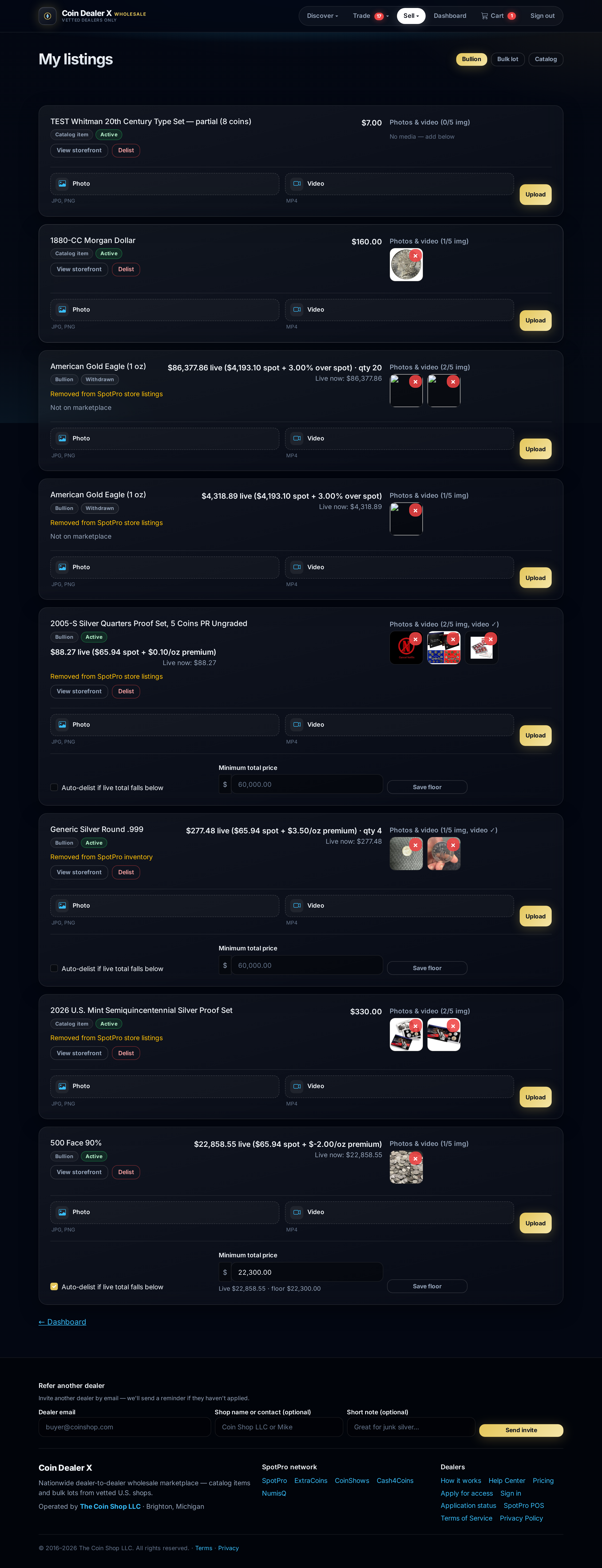 My listings — manage posted catalog, bullion, and bulk lots.