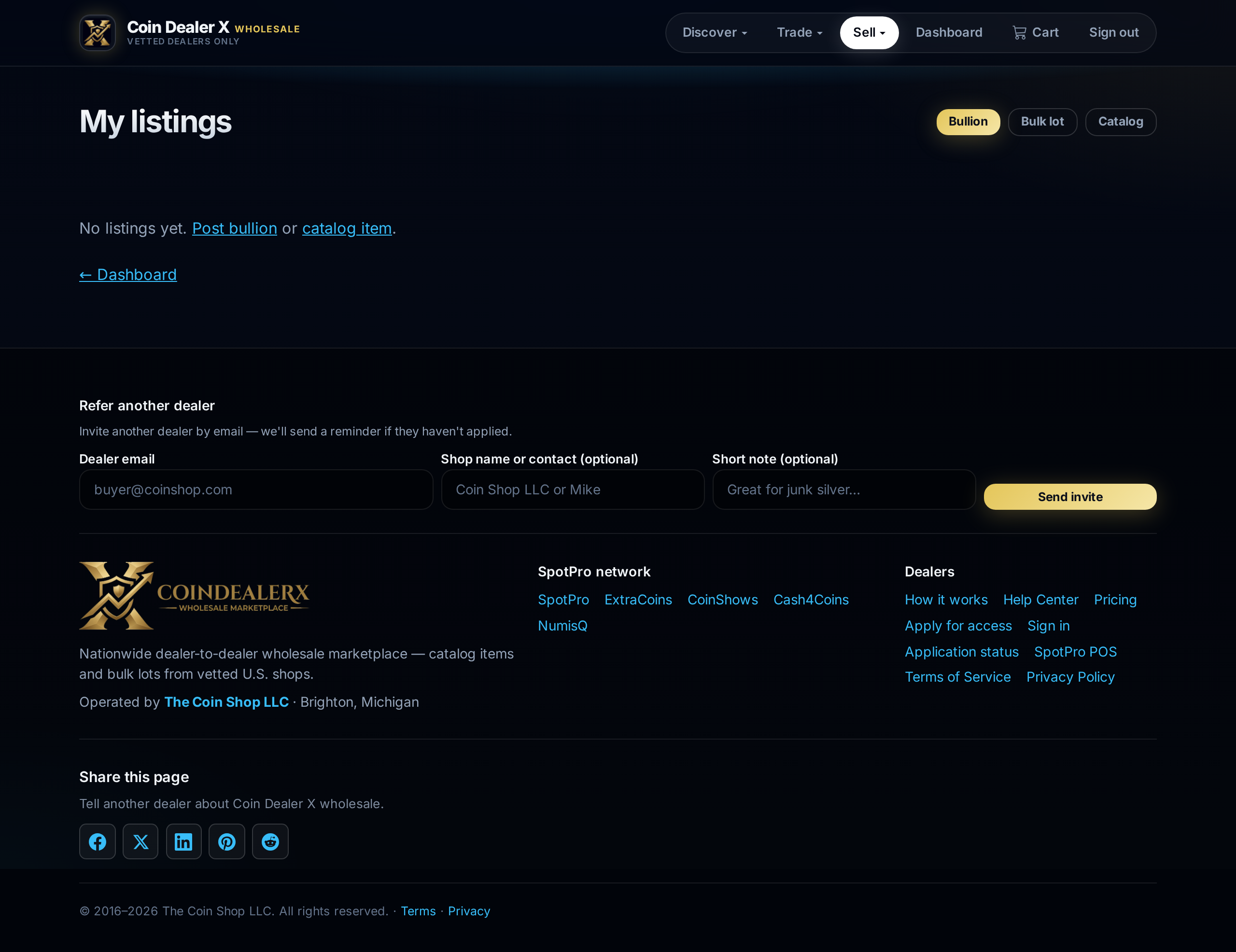 My listings — manage posted catalog, bullion, and bulk lots.