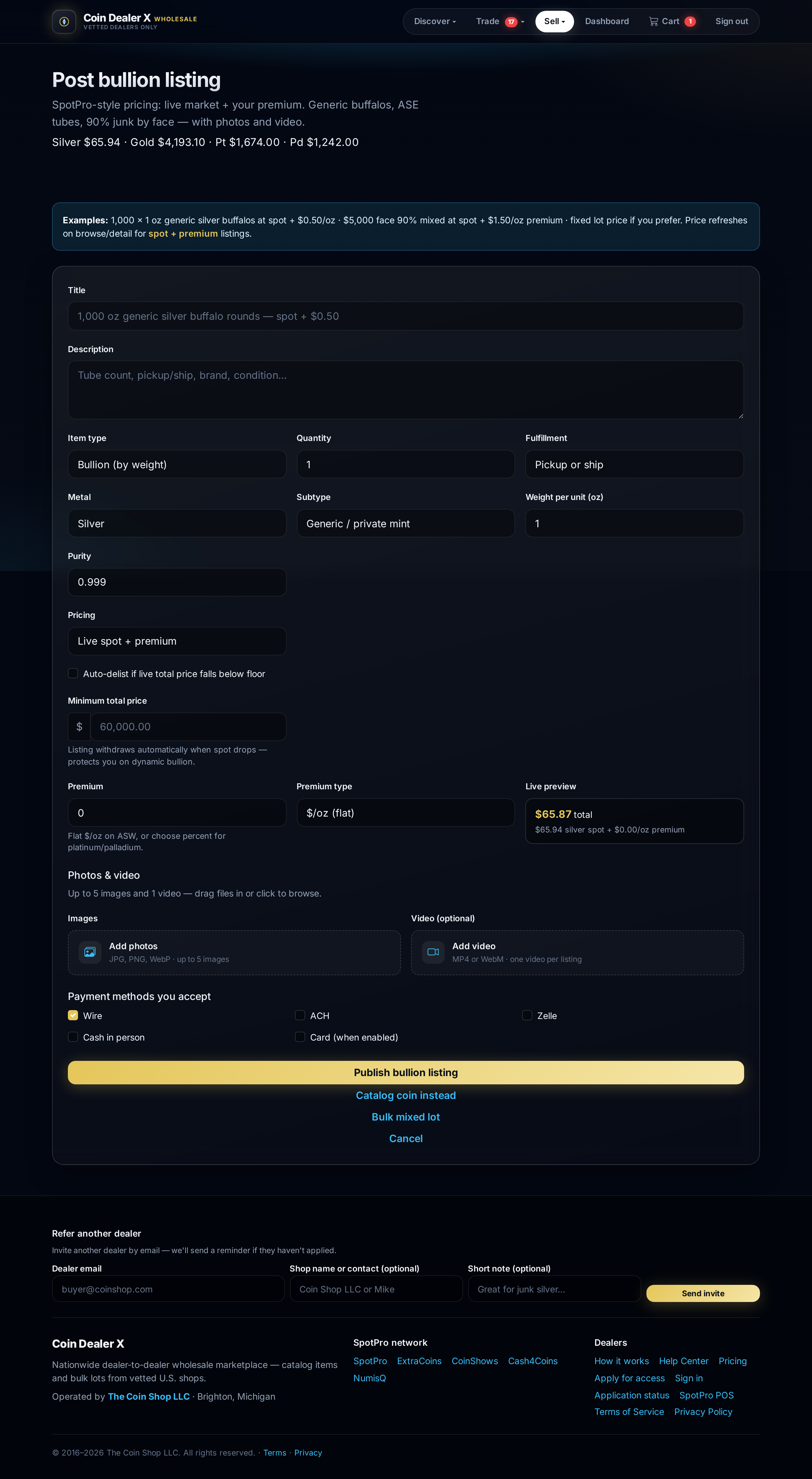 Post bullion — spot + premium, live preview, and optional delist floor.