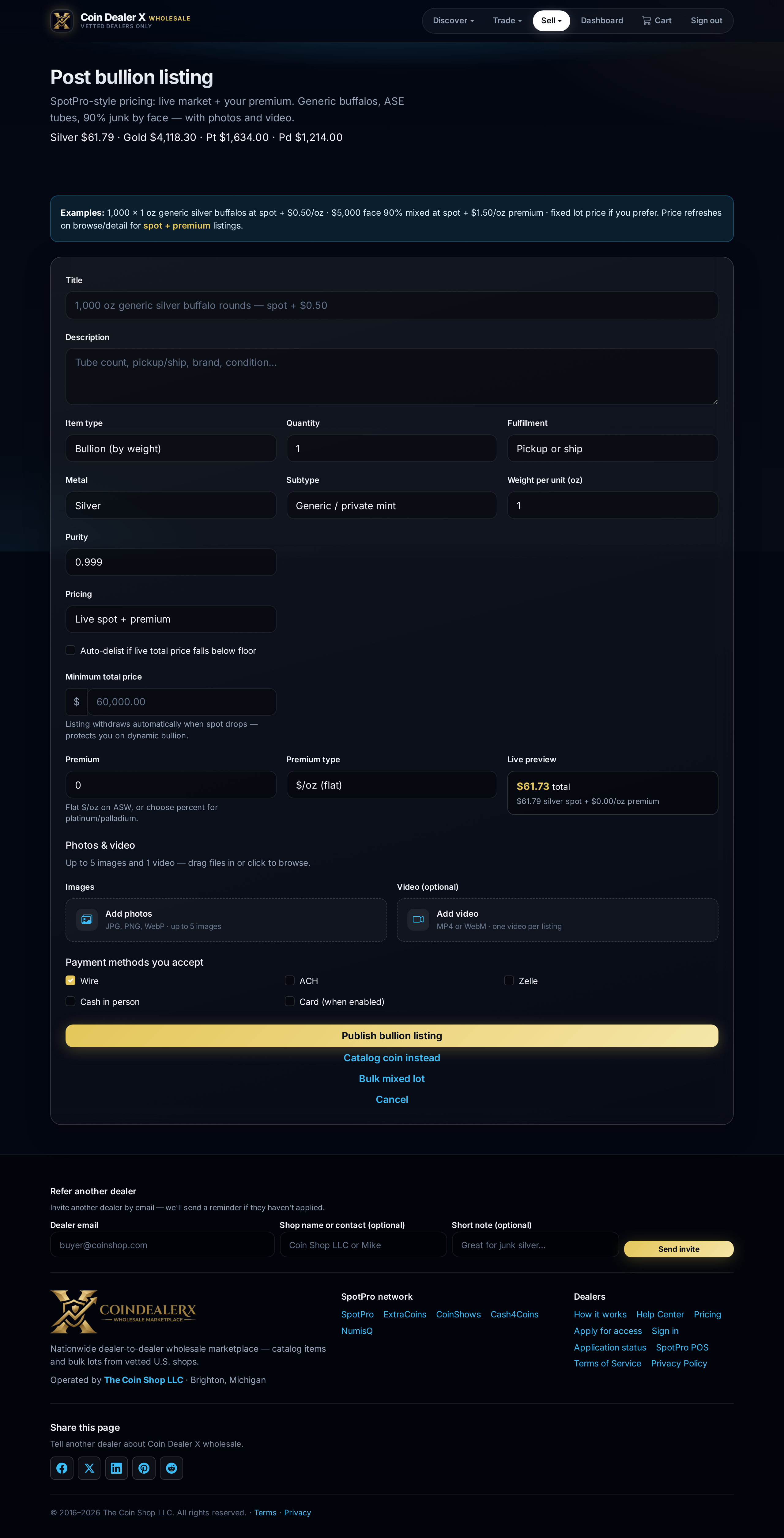 Post bullion — spot + premium, live preview, and optional delist floor.