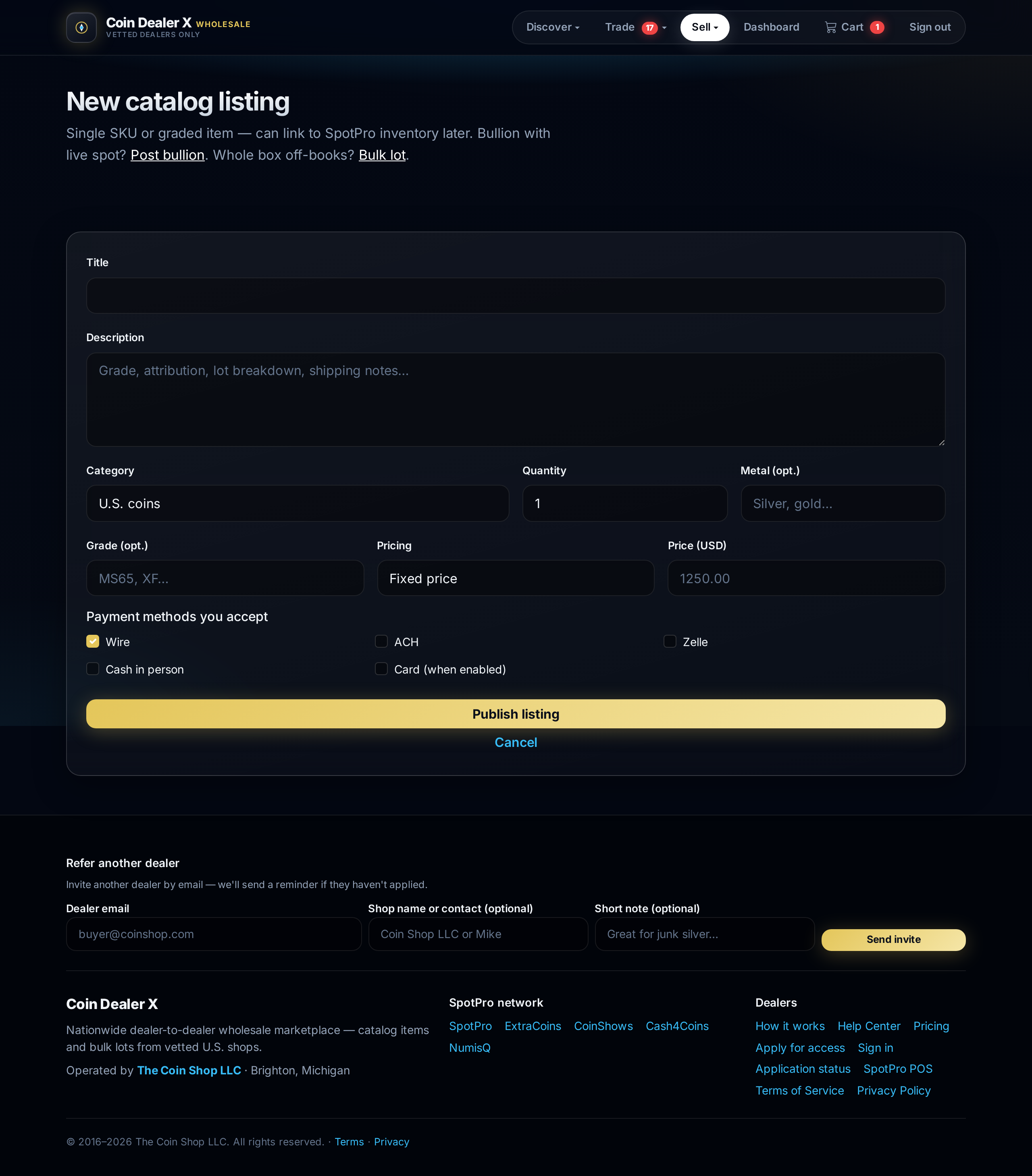 Post catalog item — numismatic wholesale listing form.